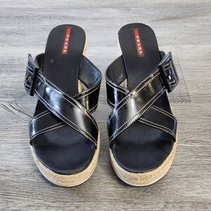Prada Glossy Black Wedge Sandals